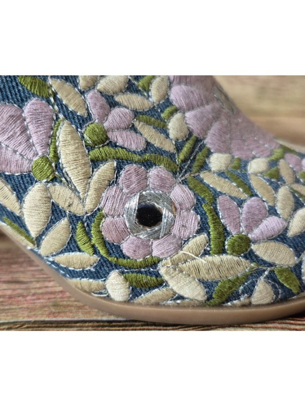 Dolce Mojo Moxy Womens 10M Blue Denim Floral Embroidered Block Heel Sandals - Picture 6 of 14